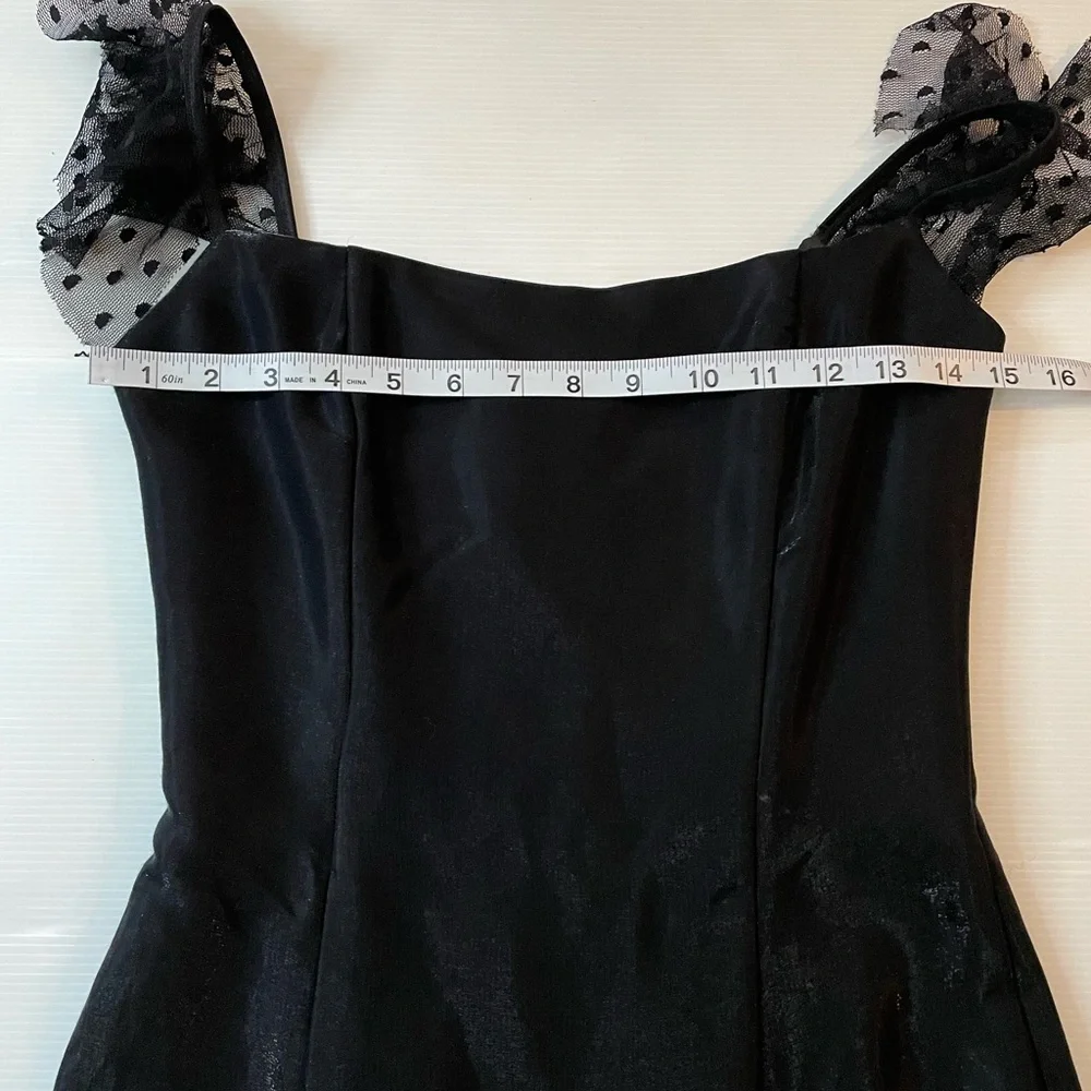 VTG Jessica McClintock Gunne Sax Black Satin Evening Gown Dotted Tulle Ruffle 5 - Picture 10 of 13